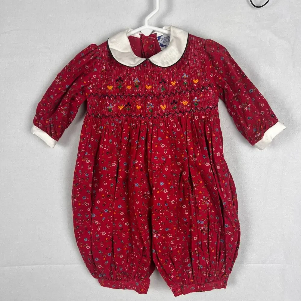 Vintage Carriage Boutiques Smocked Bubble Romper 3M Red Floral Peter Pan Baby